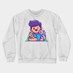 Cute Male With Cat Cartoon Crewneck Sweatshirt